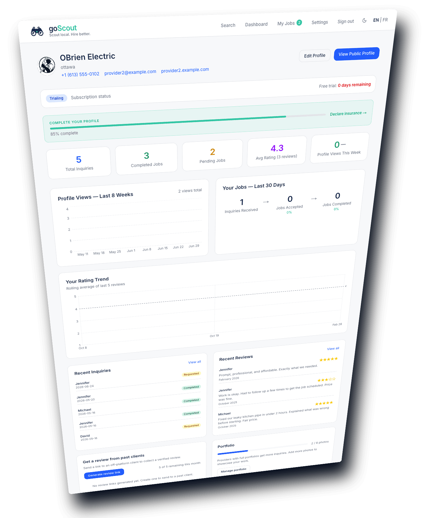 goScout provider dashboard showing inquiries, jobs and analytics